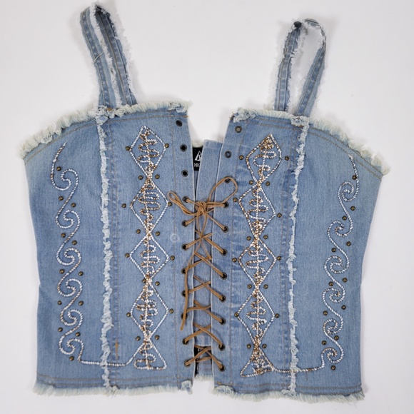 Vintage denim lace-up cropped camisole tank top denim embroidered embroidery - Picture 7 of 13